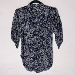 Vintage Savannah Navy Blue White Paisley Print Button Up Blouse M